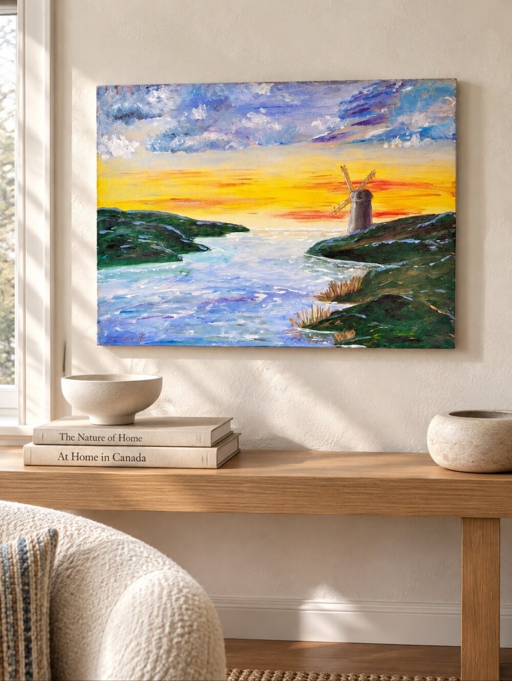 CJ Anna Original Acrylic Painting 18x24 Signed NB Artist Windmill Landscape